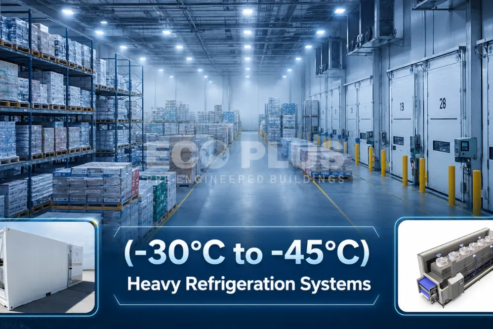 Large-span pre-engineered warehouse shell used as a reference for frozen storage buildings